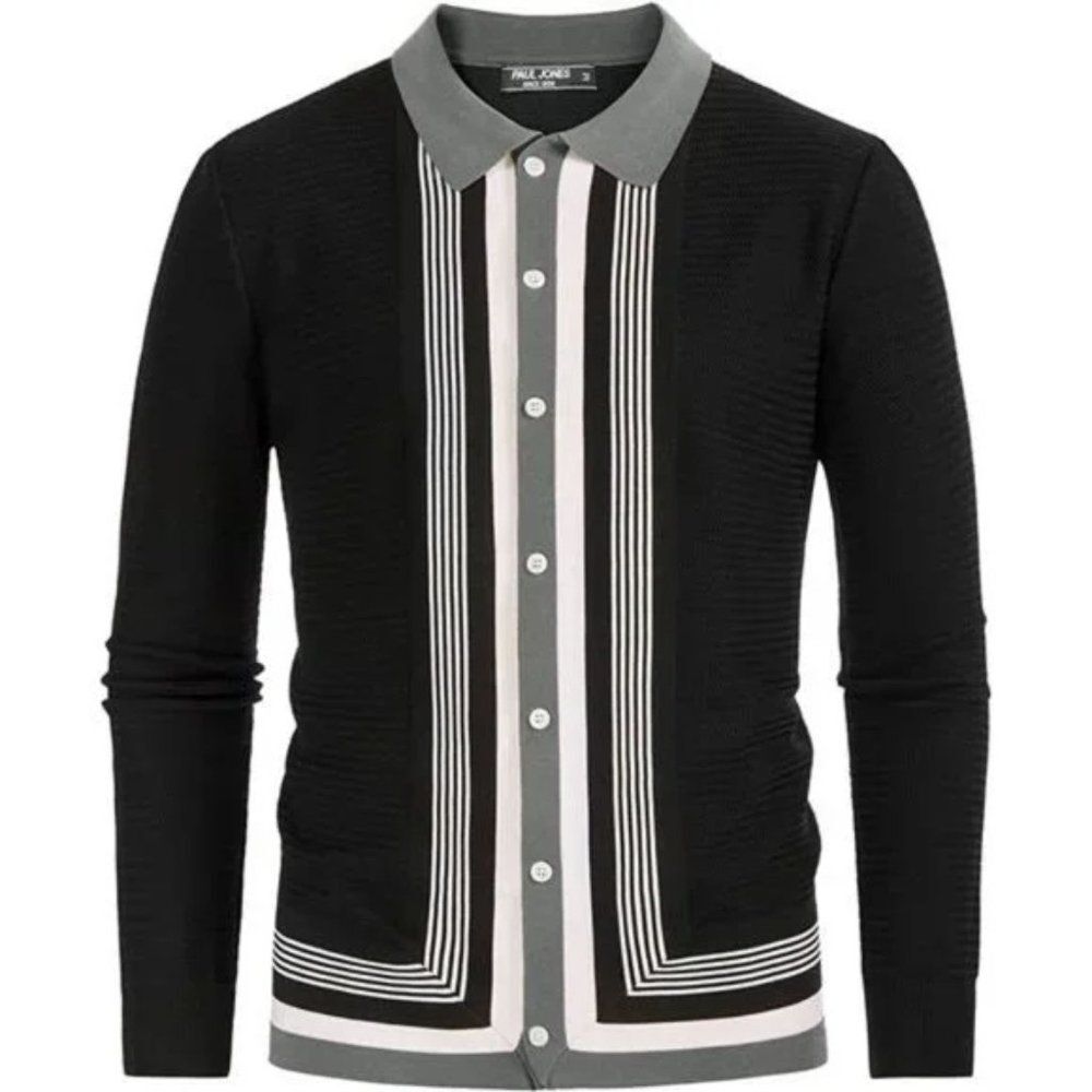 New Mens Long Sleeve Button Down Knitted Cardigan Sweaters, B-black+gray